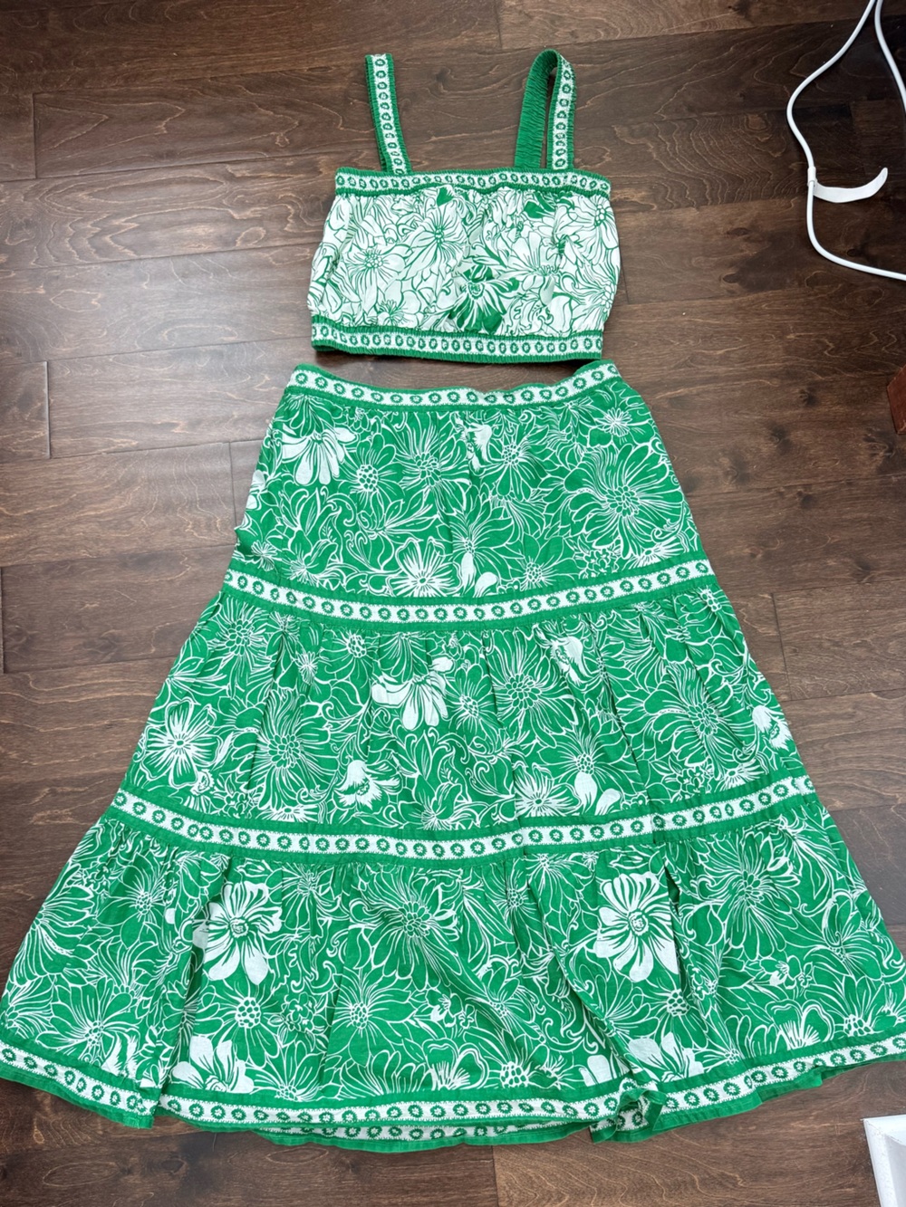Two Piece Set, Green Floral Midi Skirt and Top